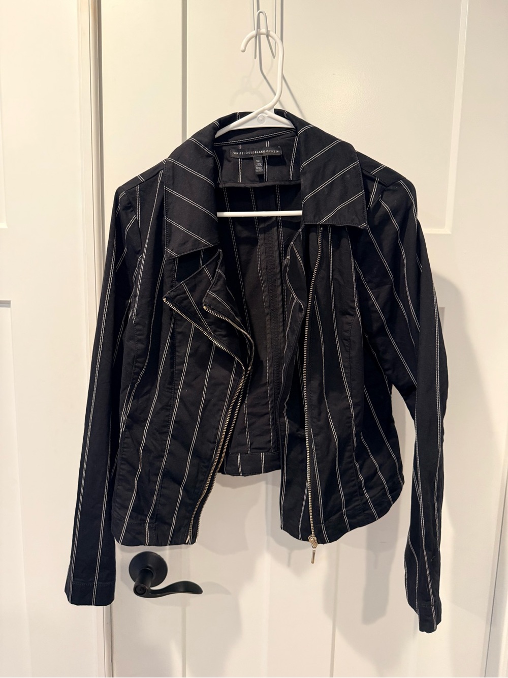 White House Black Market Black Pinstripe Asymmetrical Zip Jacket
